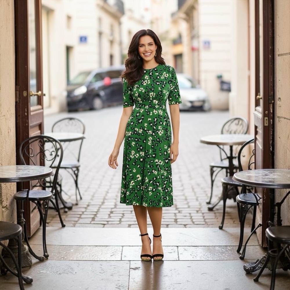 NWT London Times Green Floral Printed Jersey A- Line‎ Midi Dress Easter Spring